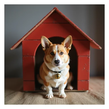 realistic red dog house with a Corgi dog inside, Corgi with a bell, photorealistic style sticker