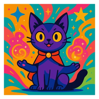 magical cat, vibrant cartoon style, visible magical powers, colorful background sticker