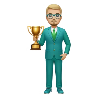 Full Body white plus size man  wearing glasses with a goatee with dirty blond short hair basketball head Coach in blue and green suit holding trophy sticker