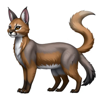 Realistic patterned marked edgy greyish blackish whitish silvery coppery Shiny Colorful Glossy Caracal-Fox-Cabbit-Lion-Bobcat-fusion-animal-hybrid-creature, full body, big-tufted-bat-ears, long-thin-tufted-white-tipped-tail sticker