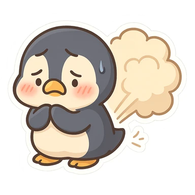 cute penguin with big fart cloud behind it looking embarrassed sticker