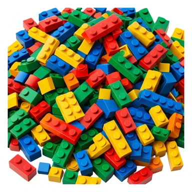 A photorealistic icon featuring a pile of colorful LEGO bricks scattered together in a messy heap. The design includes bright, detailed textures of the individual bricks, capturing the playful and creative essence of LEGO building. Transparent background, symbolizing LEGO construction. sticker