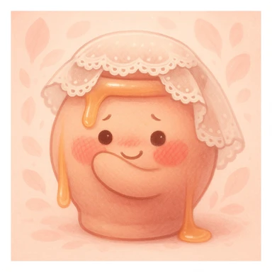 bashful honeypot character, rosy cheeks, lace veil, tiny smile, hiding behind its arm, honey drips softly, blush pink color scheme, petal background sticker