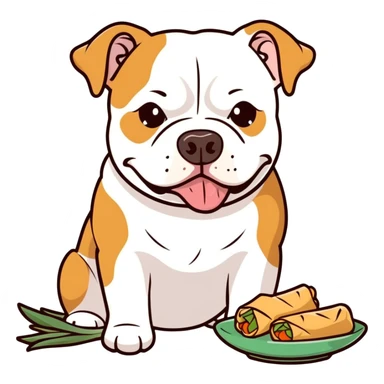 Staffordshire bully eating spring rolls  sticker