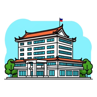 Bangkok hospital with traditional Thai roof details and modern medical facility sticker