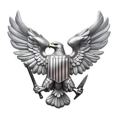 Create an emoji of a silver US Army O-6 Colonel insignia: a detailed silver eagle with outstretched wings, clutching arrows and bearing a shield on its chest. Ensure the background is transparent. The entire thing should be silver sticker