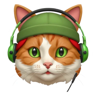 cat head, calico fur, green headphones, red hat sticker