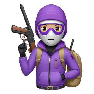 YN character in a ski mask, holding a pistol, purple jeans, Sprayground backpack sticker