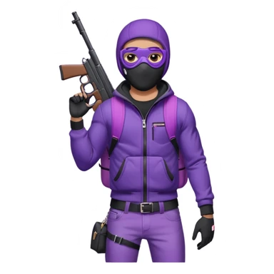 YN wearing a ski mask, holding a gun, purple jeans, Sprayground bookbag, confident stance sticker