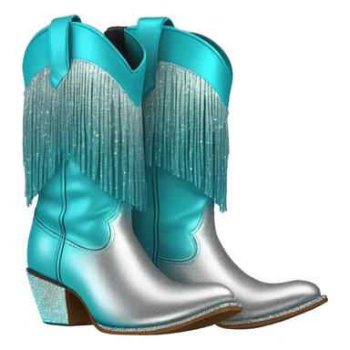 Realistic silver and turquoise blue ombre pair of fashion cowgirl boots with sparkly shiny glitter fringe on them. sticker