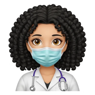 a pretty tan bratz girl with black curly hair. no makeup, looking sick, wearing a mask sticker