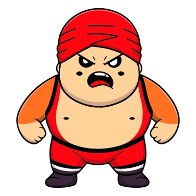 Close-up of white skin fat guy with prominent black durag, completely shaved face, no beard or mustache, black eyes in a red and black wrestling singlet with angry face sticker