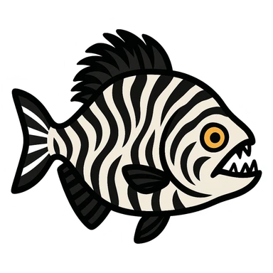 flat toon style piranha with zebra pattern and horse mane, side view sticker