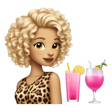 Blonde girl curly hair leopard print drinking pink cocktail sticker