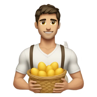 Buff white young man with dark hair holding one basket with a ton of eggs sticker