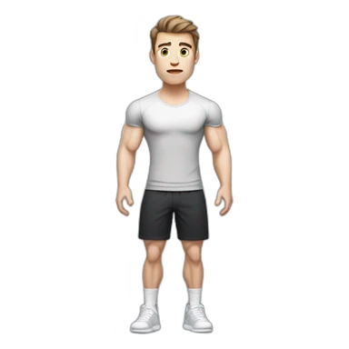 Confused Pale skinned Fit Man With the biceps and dark brown hair in black shirt, gray sports shorts and white Sneakers sticker