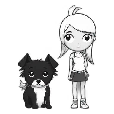 a dog and a girl with black spiky hair looking at each other in style of ((sarah andersen)), black and white sticker
