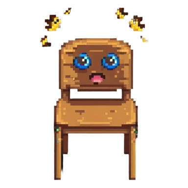 Pixel art of a wooden chair with cartoon eyes flying in the air sticker