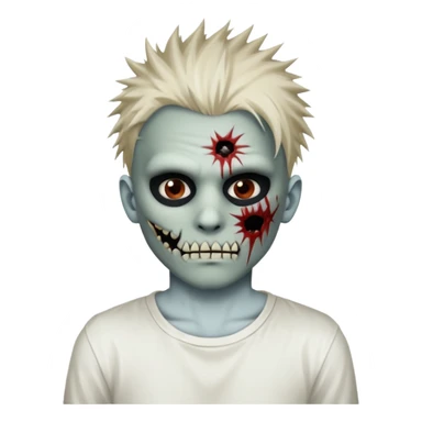 zombie boy with spiky emo hair and white shirt emoji and 

He wears an anonymous mask on half his face and has wounds on the other half. sticker