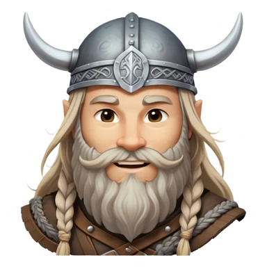 Clash of Clans aesthetic: Beautiful and Majestic Viking Portrait Emoji, Rendered in serene confidence with a gentle, enigmatic smile and a refined, weathered Viking helmet, showcasing a noble, sturdy build with long braided hair and a dignified beard, his face in natural skin tone, Simplified yet exquisitely endearing features, highly detailed, glowing with a soft, majestic Nordic light, high shine, calm and heroic, stylized with an air of timeless Norse elegance, soft glowing outline, capturing the essence of a majestic Viking whose noble spirit inspires epic quests! sticker