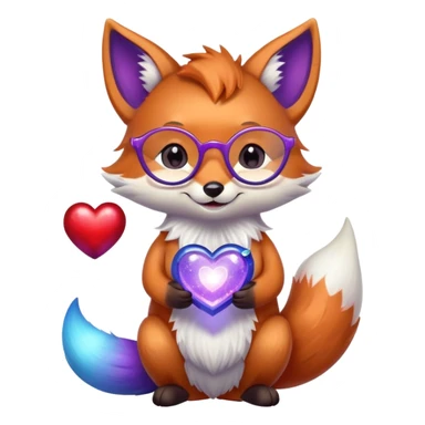 A small magical fox with shimmering purple and blue fur, a glowing fluffy tail, a silver star on its forehead, and round glasses, holding a tiny magical lantern, hugging a big red heart and smiling warmly. 🦊❤️ sticker