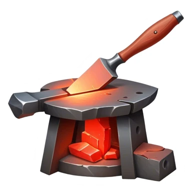 Blacksmithing icon, forged metal piece being shaped with hammer and anvil, glowing red-hot metal, blacksmith tools like tongs and chisel, sparks flying, minimalistic style, clean lines, transparent background. sticker
