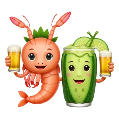 Create a modern emoji-style illustration of two shrimp characters, friendly and cool, slightly cartoon but stylish, not childish.
They are toasting (‘salud’), one shrimp holding a beer mug with aguachile topping, the other holding a fresh aguachile bowl with cucumber and chili.
  sticker