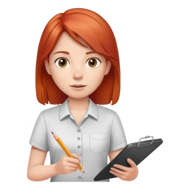 Intern or volunteer red hair holding a clipboard and pencil, ready to take notes or assist. The character wears a simple shirt and has an eager posture sticker