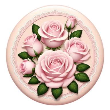 A round light cream colored button with light pink damask lace and white roses sticker