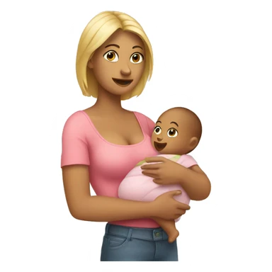A woman with a baby in her arms, holding a bra sticker