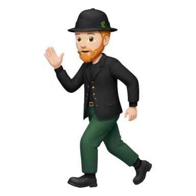 גבר זקן ג'ינג'י מלא כובע שחור הפוך חולמה שחורה ומכנסיים ירוקות ארוכות מבצע צעידה במקום  sticker