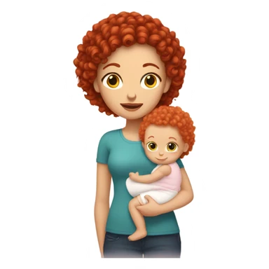 White Female with red curly hair holding bald baby girl sticker