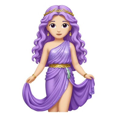 Aphrodite from Roman Deities with long lavender wavy hair, lavender sequin toga sticker