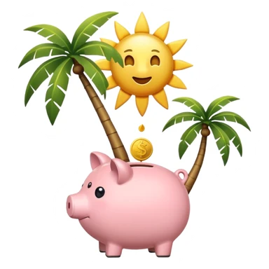 A simple emoji-style icon: A piggy bank with a coin dropping into it, next to a small palm tree and sun, symbolizing saving today for retirement tomorrow. Minimalist, clean design, consistent with emoji aesthetics. sticker