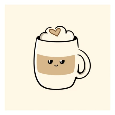 latte with heart foam and a cute face, caramel beige and coffee brown, dreamy hand-drawn Japanese style sticker
