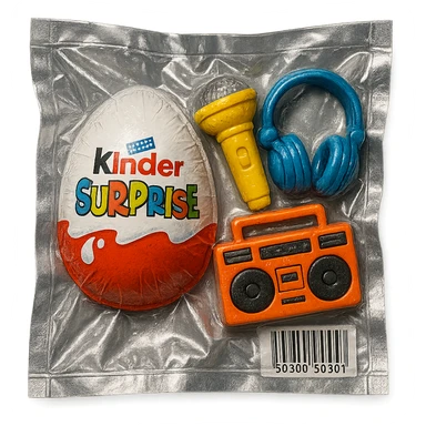 Kinder Surprise egg with standard wrapper next to toys: microphone, boombox, headphones, glossy vacuum-sealed style sticker