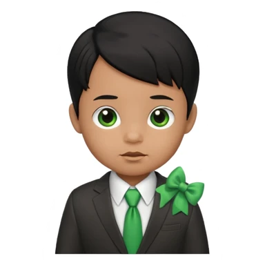 baby boy black hair in suit, with green bow sticker