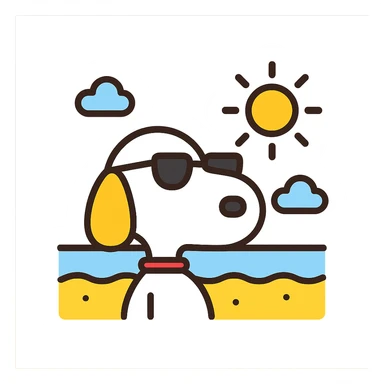 Snoopy, outlined and colorful, wearing sunglasses, with a beach background sticker