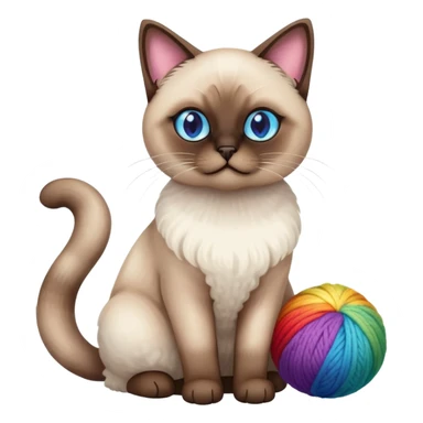 Siamese cat full body sitting with rainbow eyes and a wool ball sticker