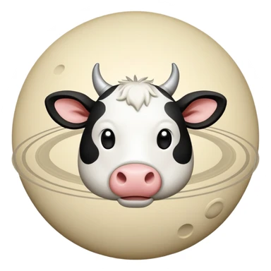 Cartoon cow face on one side of planet Saturn, with the planetary rings around the middle and tiny cow legs sticking out from the bottom sticker