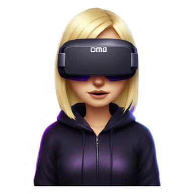 Russian cute blond girl wearing black hoody with violet letters "OMG", in vr headset. Cyberpunk style. Violet neon. sticker