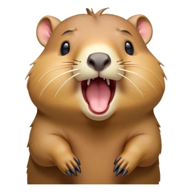 Cinematic Cute Yawning Capybara Portrait Emoji, Head tilted slightly with a dramatic, wide-open yawn, showcasing a plush, rounded body with drowsy, half-closed eyes and a relaxed expression, Simplified yet irresistibly adorable features, highly detailed, glowing with a soft, cozy natural glow, high shine, relaxed yet expressive, stylized with a dash of whimsical charm, soft glowing outline, capturing the essence of a drowsy yet affectionate guardian that seems ready to stretch out for a nap! sticker