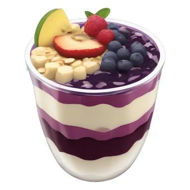 Açaí in a clear cup with layers of fruits and granola and condensed milk sticker