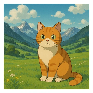 cat in Ghibli style on green Swiss meadows and mountains sticker