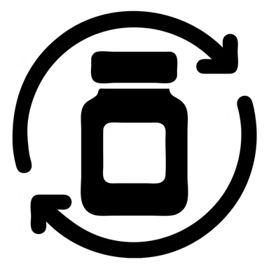 Minimalist icon of a package or supplement bottle with a repeating cycle arrow around it, clean flat design, solid filled style, monochrome, no color, simple and bold shapes. sticker