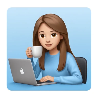 young woman 20 years old, long straight brown hair, wearing a sweater, drinking coffee and working on a laptop, 3D Apple emoji style, light blue background sticker