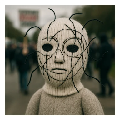 The mask is a full-head, white knitted balaclava with a tight ribbed texture. It features two asymmetrical eye openings and a partially exposed mouth area. Black thread is stitched across the surface in chaotic, abstract lines that trace facial features, giving a hand-drawn effect. Several black cords extend outward from the mask, varying in length and direction, adding a sculptural, almost organic appearance. The overall look is bold, handcrafted, and visually striking. sticker
