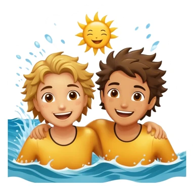 Two friends, as explorers, splash each other in the ocean, laughing as their eyes lock in pure joy and appreciation. The sun glistens on the water, highlighting their deep connection and the simple happiness of the moment.  sticker