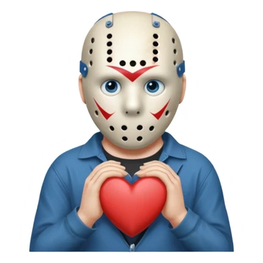 a cartoon image of Jason Voorhees, looking cute, with his hands clasped in front of him, at a sideways angle, looks like he is in love sticker