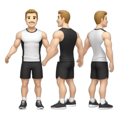 Joyful Pale skinned Fit Man With the biceps and dark brown hair in black shirt, gray sports shorts and white Sneakers sticker